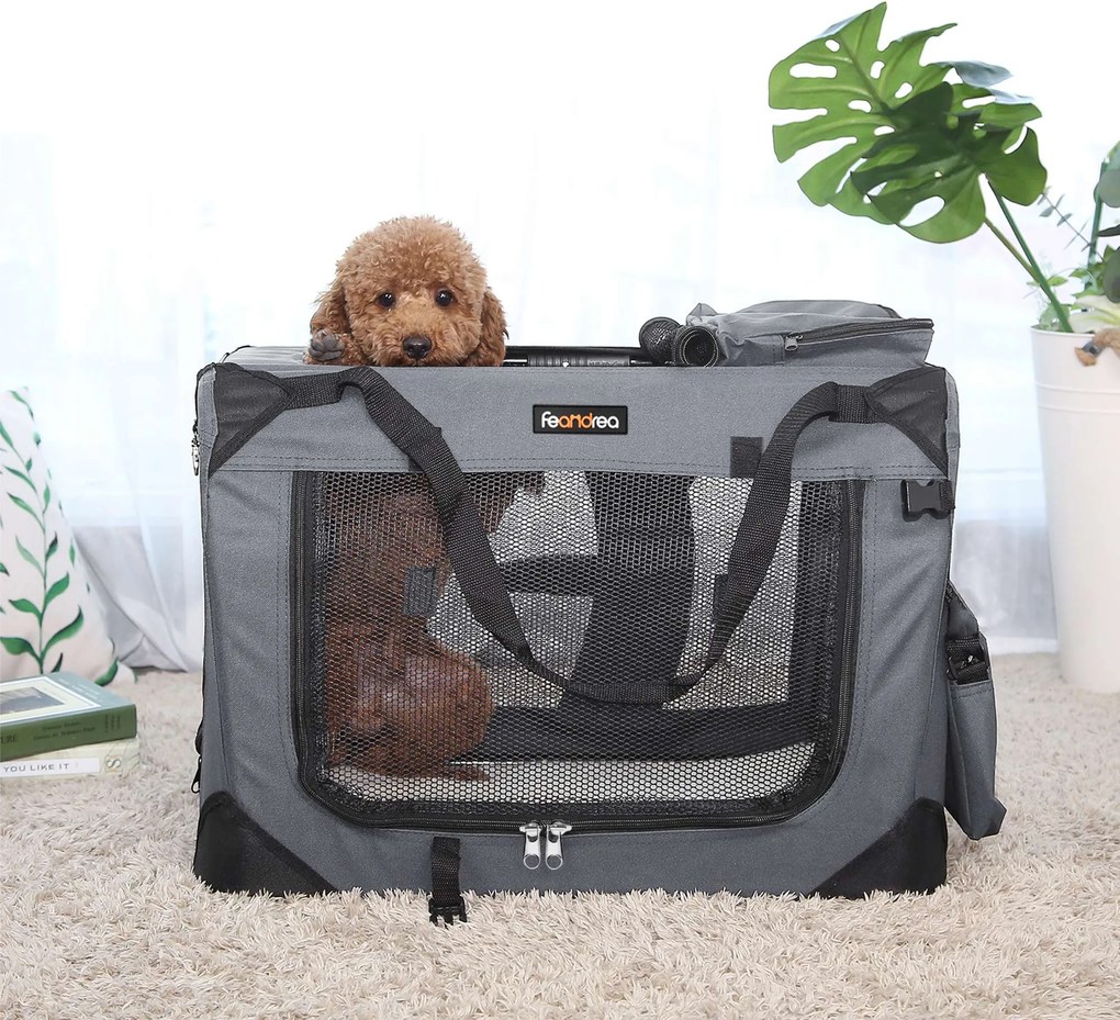 Caixa dobrável para cães, caixa de transporte em tecido de rede 70 x 52 x 52 cm cinzento