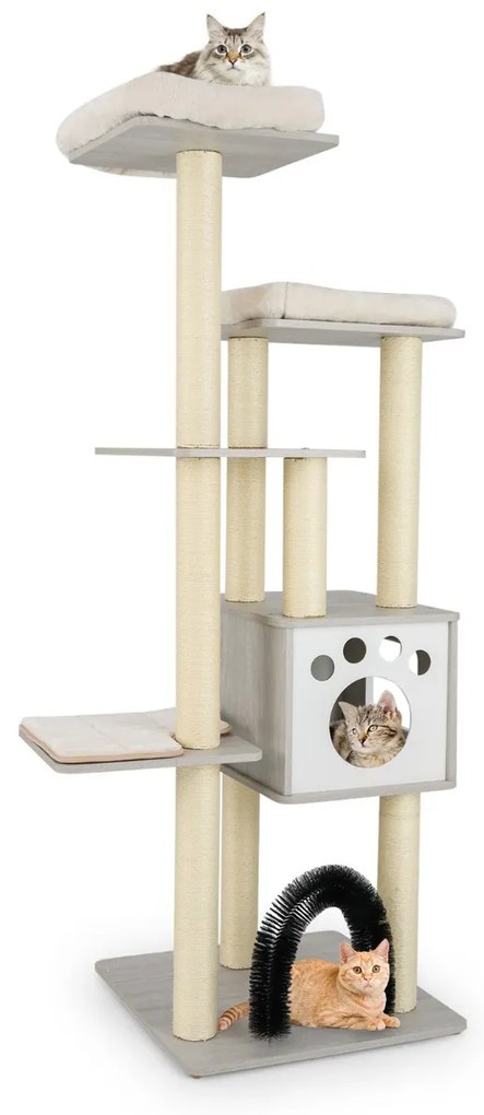 Arranhador Gatos 176 cm de 6 níveis com tapetes confortáveis, caverna e arco para gatos em cinzento