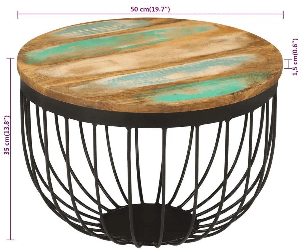 Mesa de centro Ø50x35 cm madeira recuperada maciça e aço