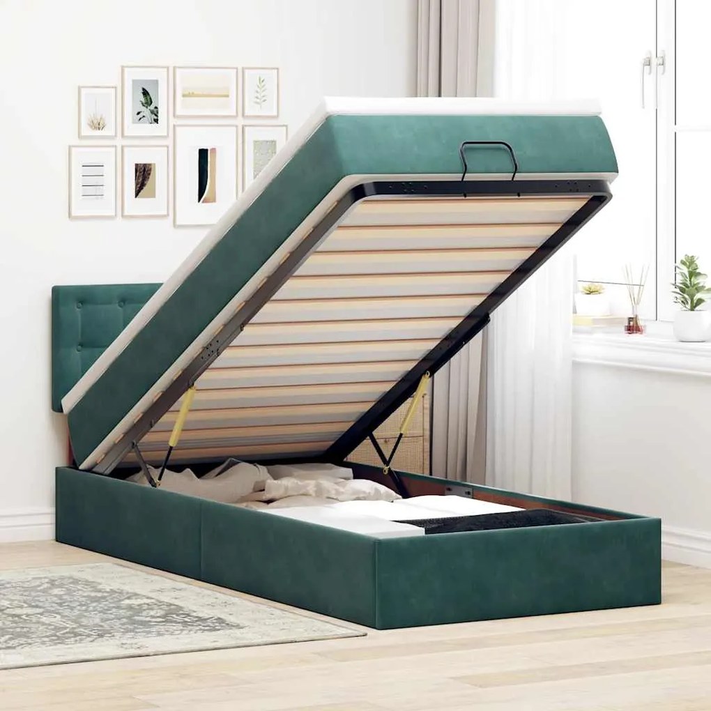 Estrutura de cama otomana colchão 90x200 cm veludo verde escuro