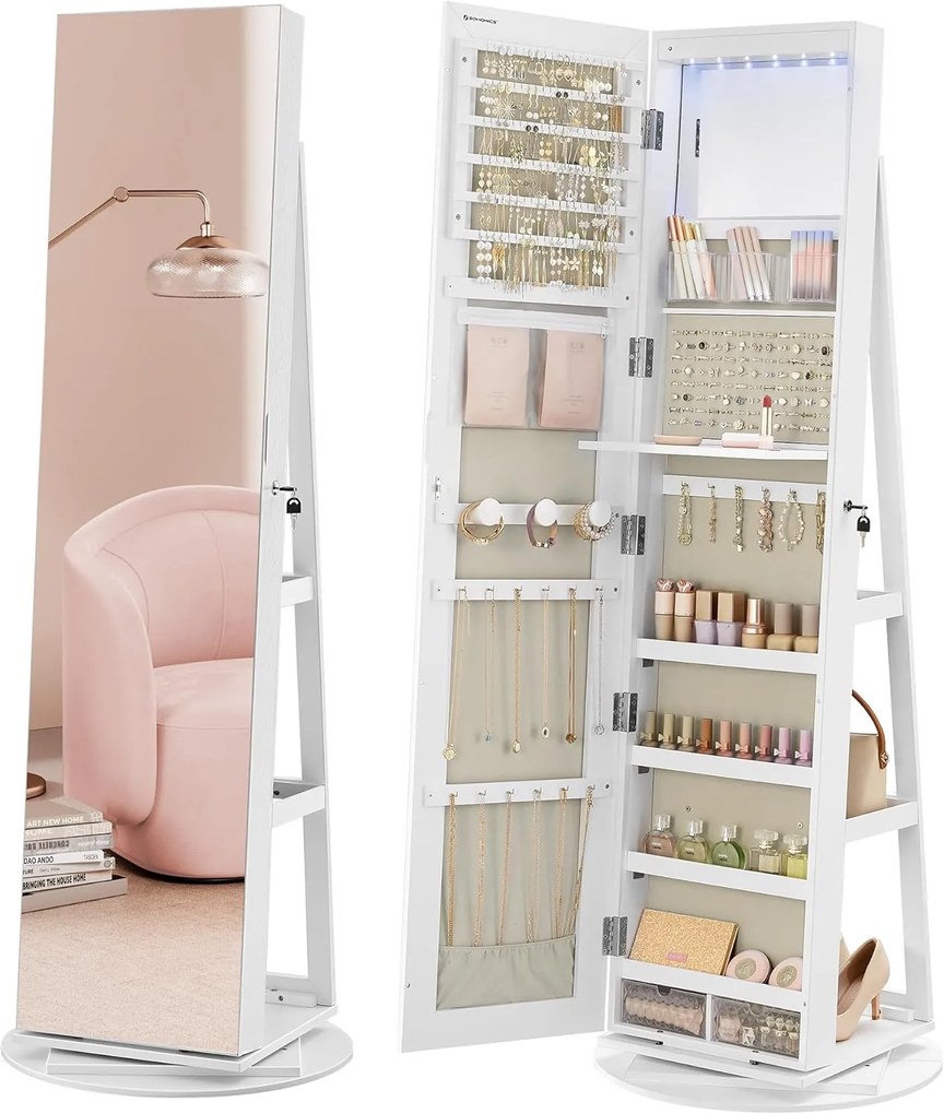 SONGMICS Armário para joias com espelho e fechadura, 6 LEDs, organizador de joias giratório 360°, armário para joias de pé, espelho de corpo inteiro sem moldura, 3 prateleiras de armazenamento, superfície branca, forro cinza JJC007W02V1
