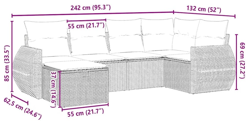 6 pcs conj. sofás jardim com almofadões vime PE cinzento-claro