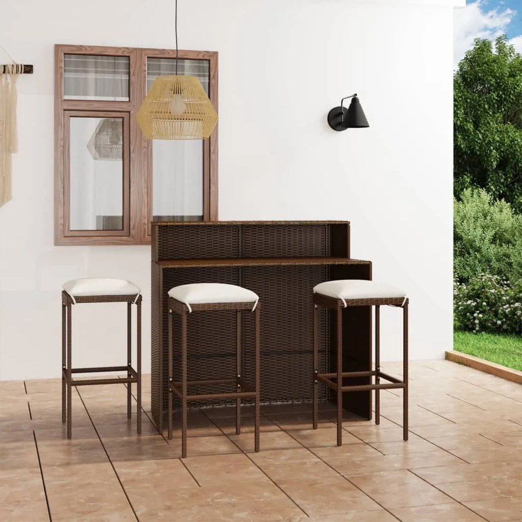 vidaXL 4 pcs conjunto de bar para jardim com almofadões castanho