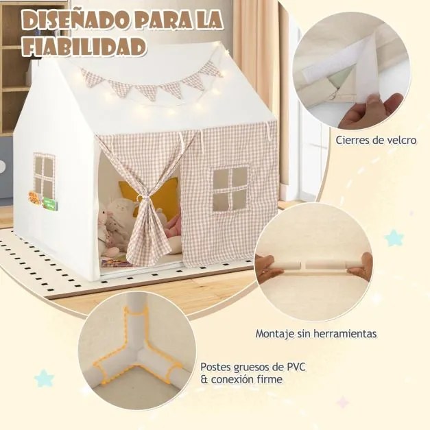 Tenda de Crianças com Tapete Acolchoado 125 x 100 x 127 cm, Luzes de Estrelas e Bandeirinhas Quadradas, Janelas e Portas Enroláveis para Crianças de 3