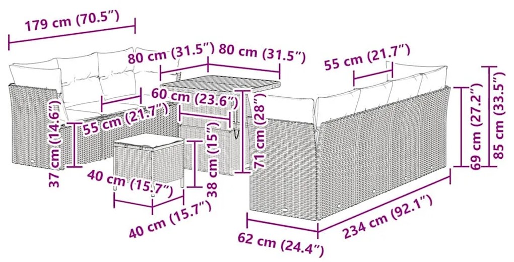 Conjunto de Sofás para Jardim de 10 Peças com Almofadas Cinza Rattan P