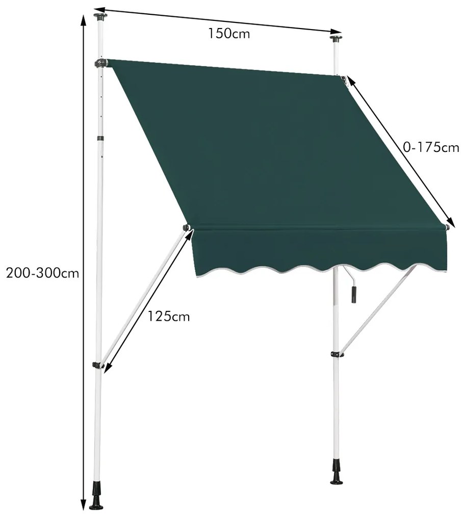 Toldo Telescópico e Retrátil 150 cm Resistente aos Raios UV Impermeável com Manivela Altura Regulável para Janela Varanda Jardim Verde