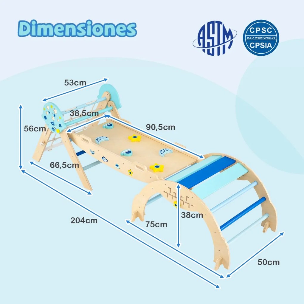 Conjunto de escalada triangular para crianças dobrável com arco, rampa e escalador, brinquedo de madeira para bebés, brinquedo Montessori azul