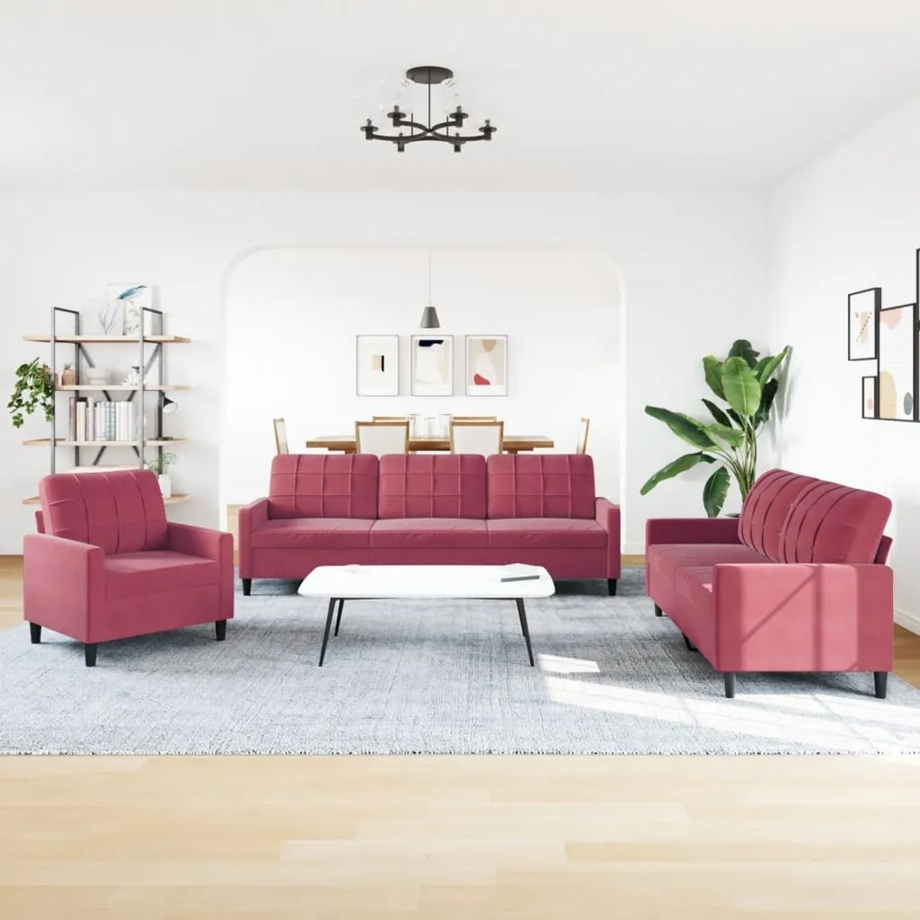 3 pcs conjunto de sofás com almofadões veludo vermelho tinto