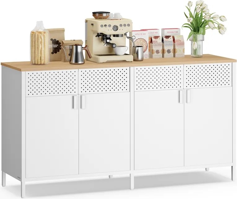 Armário de arrumação sala, cozinha, escritorio 40 x 141 x 76 cm com 4 portas em aglomerado de madeira e aço branco e bege carvalho