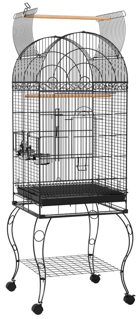 PawHut Gaiola para Pássaros com Rodas Bandeja Amovível Prateleira 2 Comedouros de Aço Inoxidável e Poleiro 51x51x153 cm Preto | Aosom Portugal