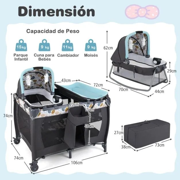 Berço dobrável e portátil 106 x 74 x 74 cm Parque infantil com berço de balanço e trocador Barra de brinquedos Caixa de música e bolsa de transporte C
