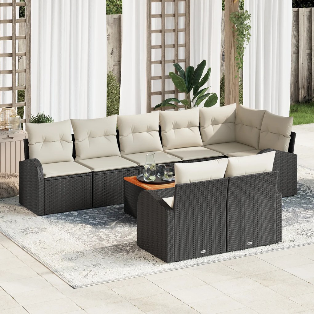 Conjunto de Sofá de Jardim de 9 Peças com Almofadas Preto Rattan Polím