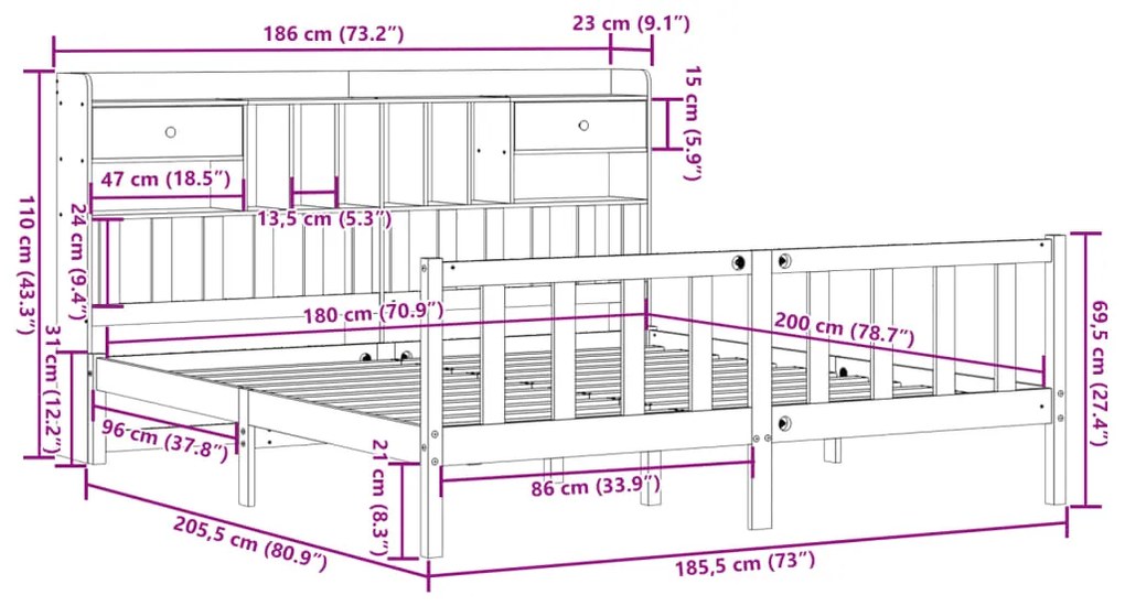 Cama com estante sem colchão 180x200 cm pinho maciço branco