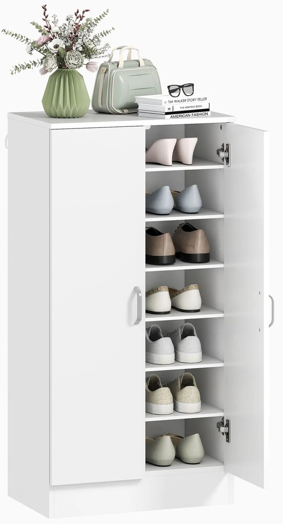 HOMCOM Sapateira de 2 Portas Sapateira para Entrada com 6 Prateleiras Ajustáveis para 14 Pares de Sapatos 55x35x108 cm Branco