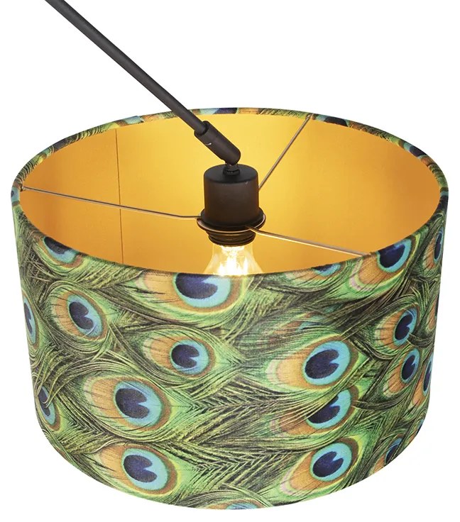 Candeeiro de suspensão preto com abajur de veludo azul-pavão com dourado 35 cm - Blitz Clássico / Antigo