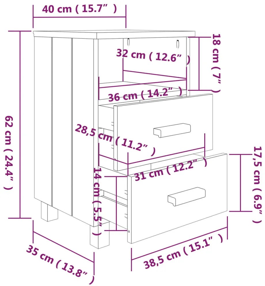 Mesa de cabeceira HAMAR 40x35x62 cm pinho maciço castanho-mel