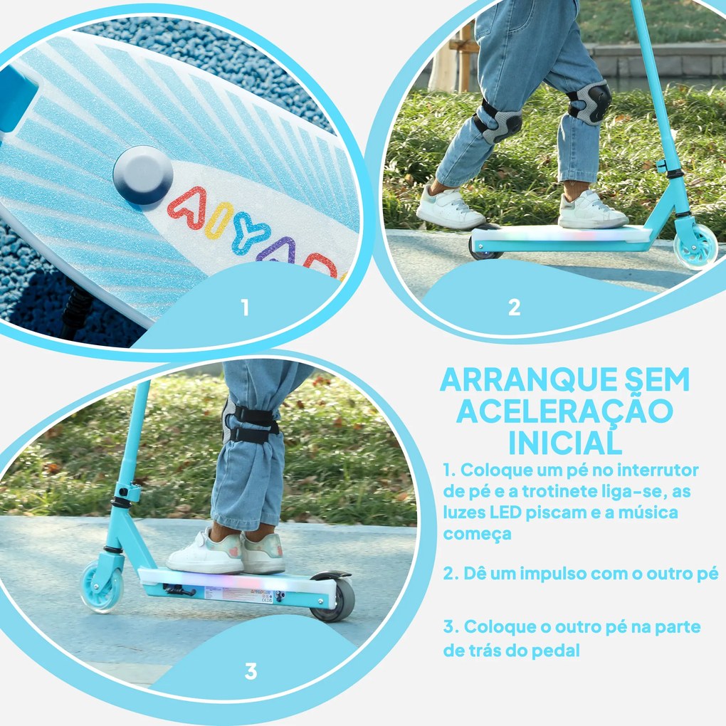 Trotinete Elétrica para Crianças Máx. 6 km/h Motor 80 W Autonomia Máxima 8 km com Luzes LED Travão Traseiro Azul Claro