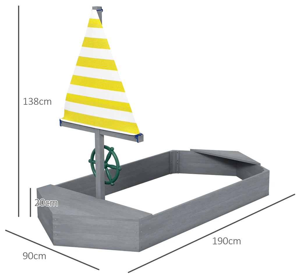 Caixa de Areia para Crianças de Madeira com Bandeira e Leme em Forma de Veleiro para Pátio Jardim 190x90x138 cm Cinza Escuro