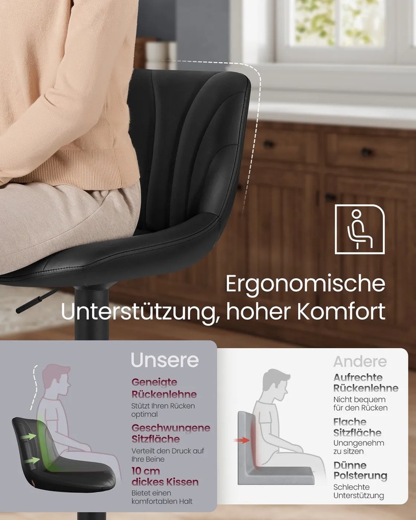 Conjunto 2 bancos bar com encosto e assento giratório 46,5 x 43 x (88-108) cm em couro sintético PU Pretos