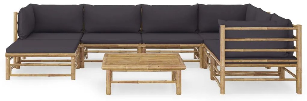 8 pcs conj. lounge jardim em bambu c/ almofadões cinza-escuro