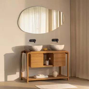 Conjunto De Móvel De Casa De Banho Em Madeira De Teca Bradley 2 X Irregular Em Cimento Branco ??40 Cm Fedro & Led Irregular E Antiembaciamento - Sklum