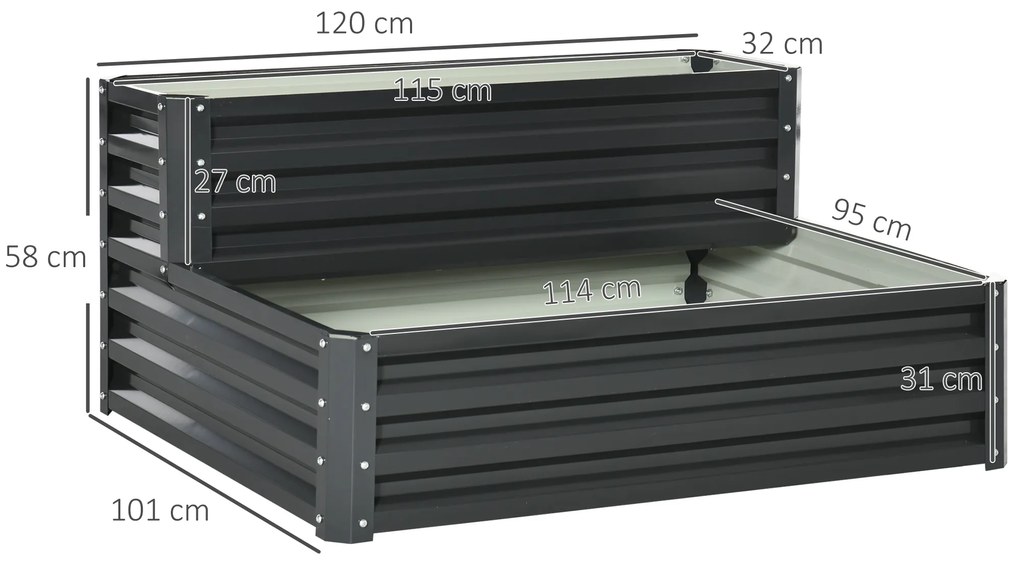 Caixa de Plantação de 2 Níveis Floreira Exterior de Aço com Desenho de Escada para Cultivos 120x101x58 cm Cinza Escuro