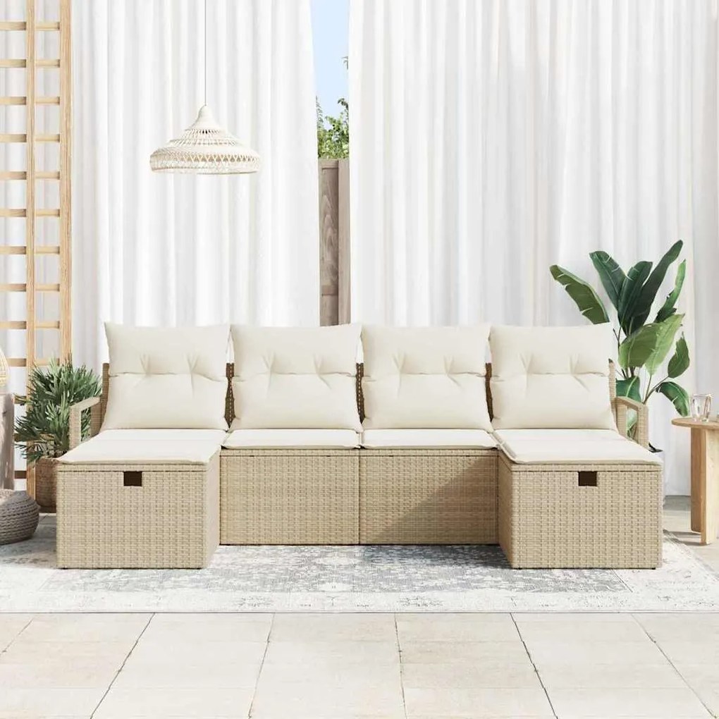 Conjunto de Sofá de Jardim de 6 Peças com Almofadas Bege Rattan Poliés