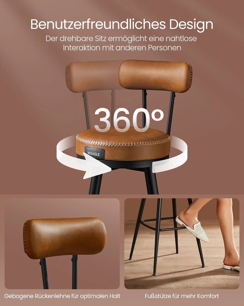 Conjunto de 2 bancos de bar com encosto giratório Coleção EKHO 57 x 57 x 101 cm castanho caramelo