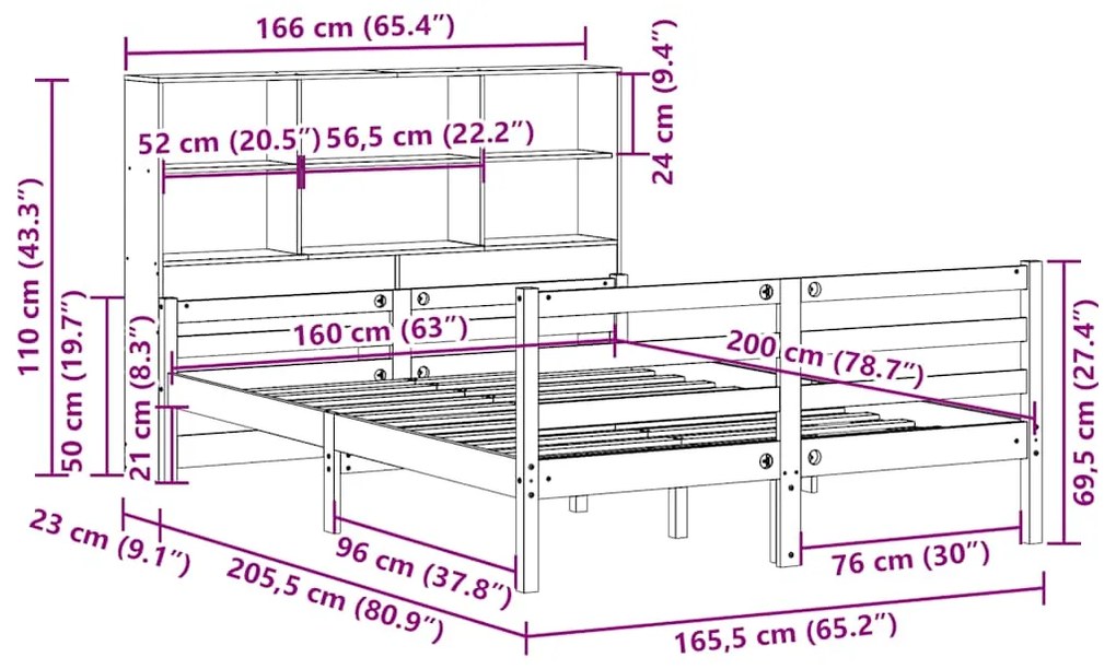 Cama com estante sem colchão 160x200 cm pinho maciço