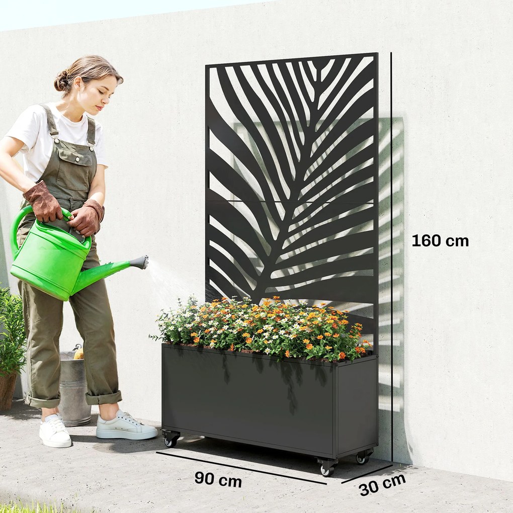 Floreira com treliça, floreira 90 x 30 x 160 cm, com proteção contra olhares curiosos e rodas bloqueáveis, metal, preta