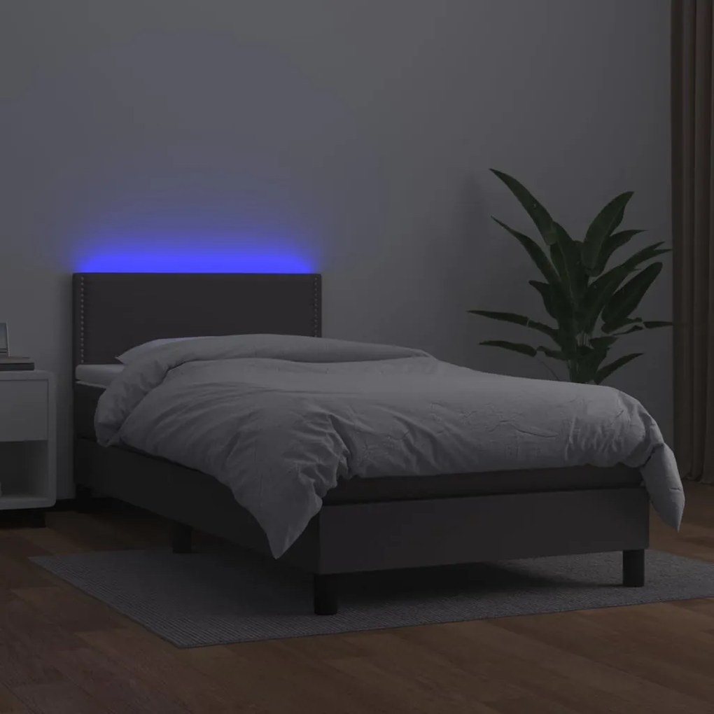 Cama box spring c/ colchão/LED 80x200 cm couro artificial cinza