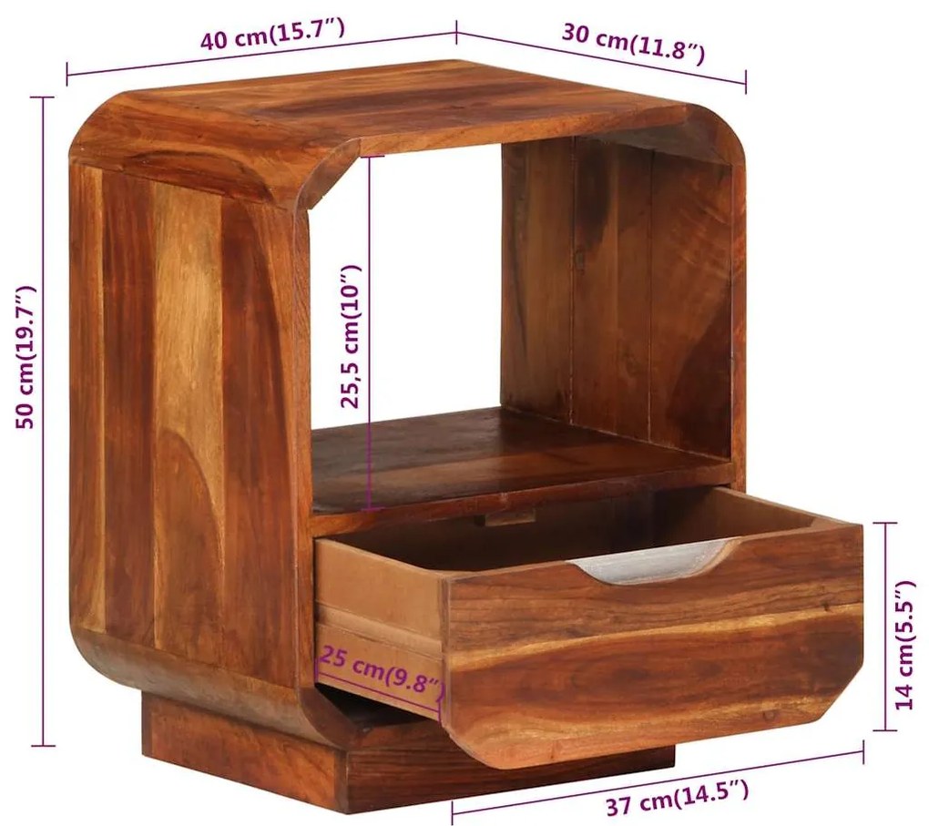 Mesa cabeceira c/ gaveta madeira acácia maciça 40x30x50 cm