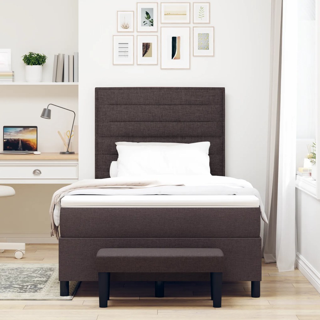 Cama Box com Colchão e Banco Castanho Escuro 120x190 cm Tecido