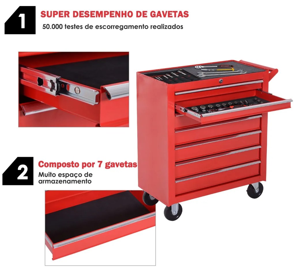 Carro de Ferramentas com Rodas Caixa Oficina Fechadura tipo Móvel de Armazenamento para Oficina Garagem e Casa Chapa de Aço Vermelho - 69x33x77.2cm