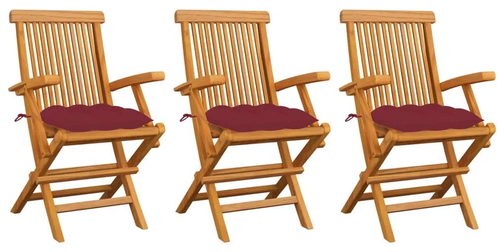 3062538 vidaXL Cadeiras jardim c/ almofadões vermelho tinto 3 pcs teca maciça