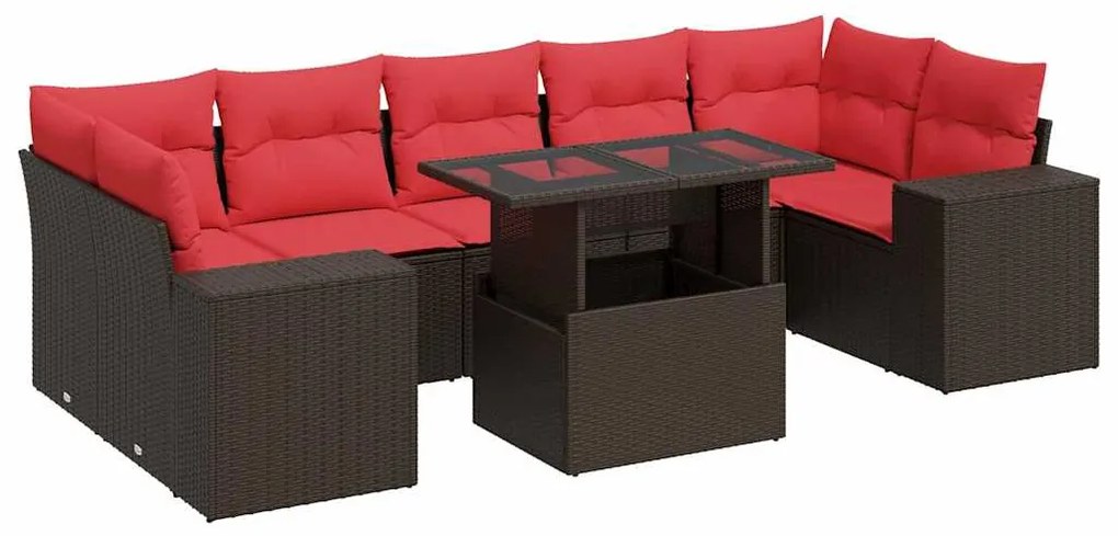 8 pcs conj. sofás jardim c/ almofadões vime PE/acácia castanho