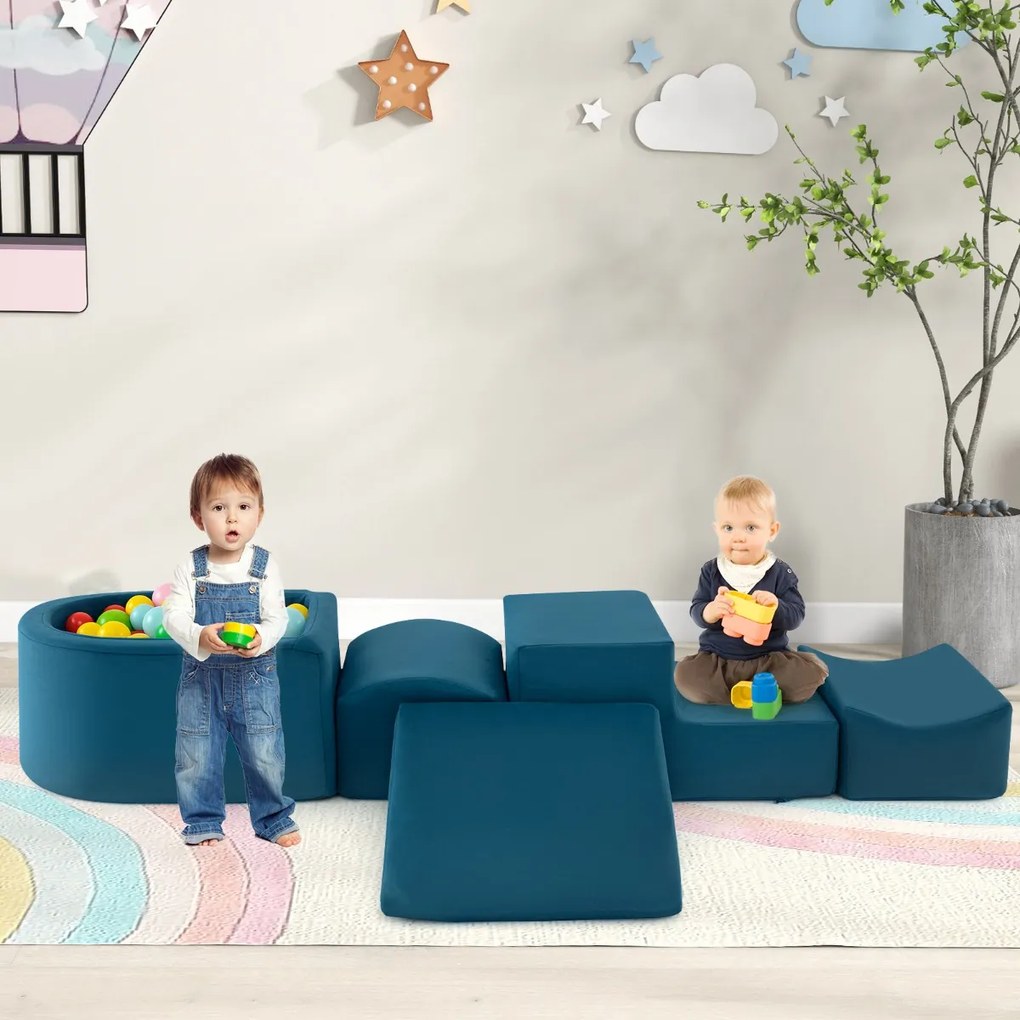 Conjunto de escalada e rampa de 5 peças para crianças Blocos de construção de esponja com piscina de bolas (NÃO INCLUIDAS) Capa lavável Criativo Azul