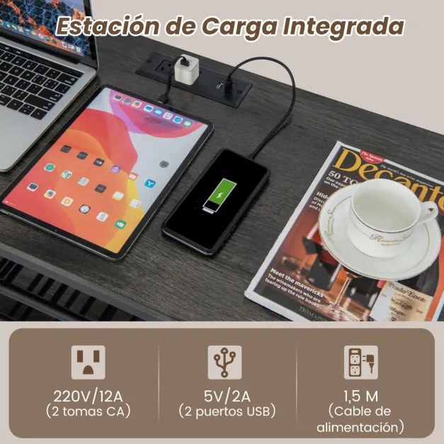 Garrafeira Armário para vinhos Estante de 3 níveis para vinhos com suportes para copos Tomadas eléctricas Estante para vinhos de bar 120 x 40 x 92 cm
