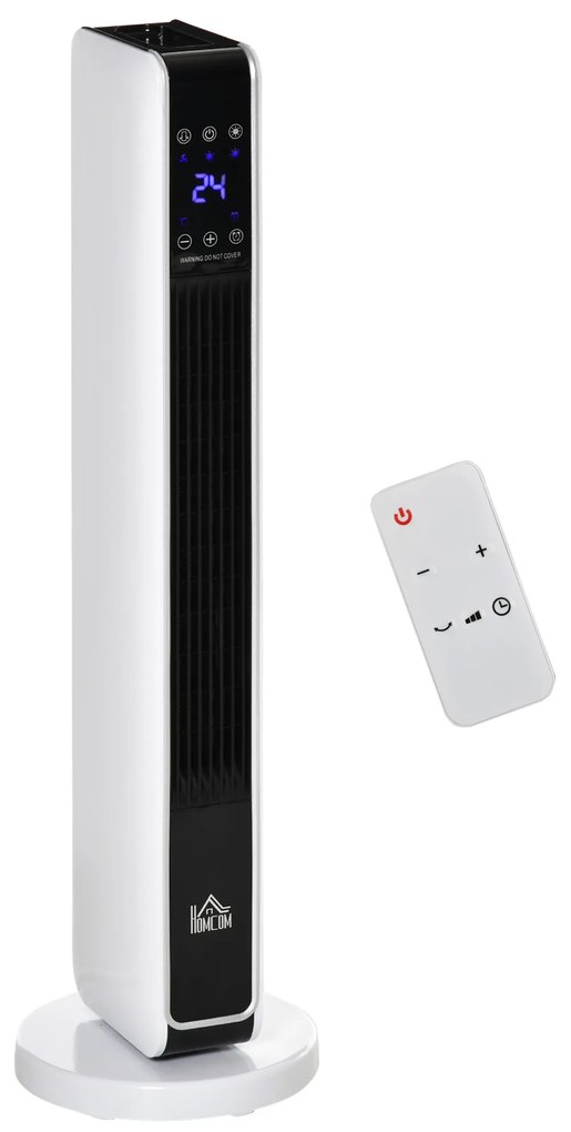 HOMCOM Aquecedor Cerâmico de Torre 1000/2000W com Controle Remoto Tela LED 3 Modos de Aquecimento Termostato Temporizador e Oscilação 65° para 25m² 21x21x73cm Branco