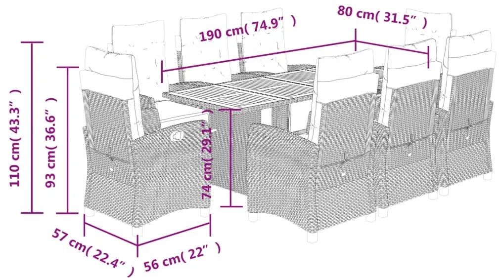 9 pcs conjunto de jantar p/ jardim c/ almofadões vime PE preto