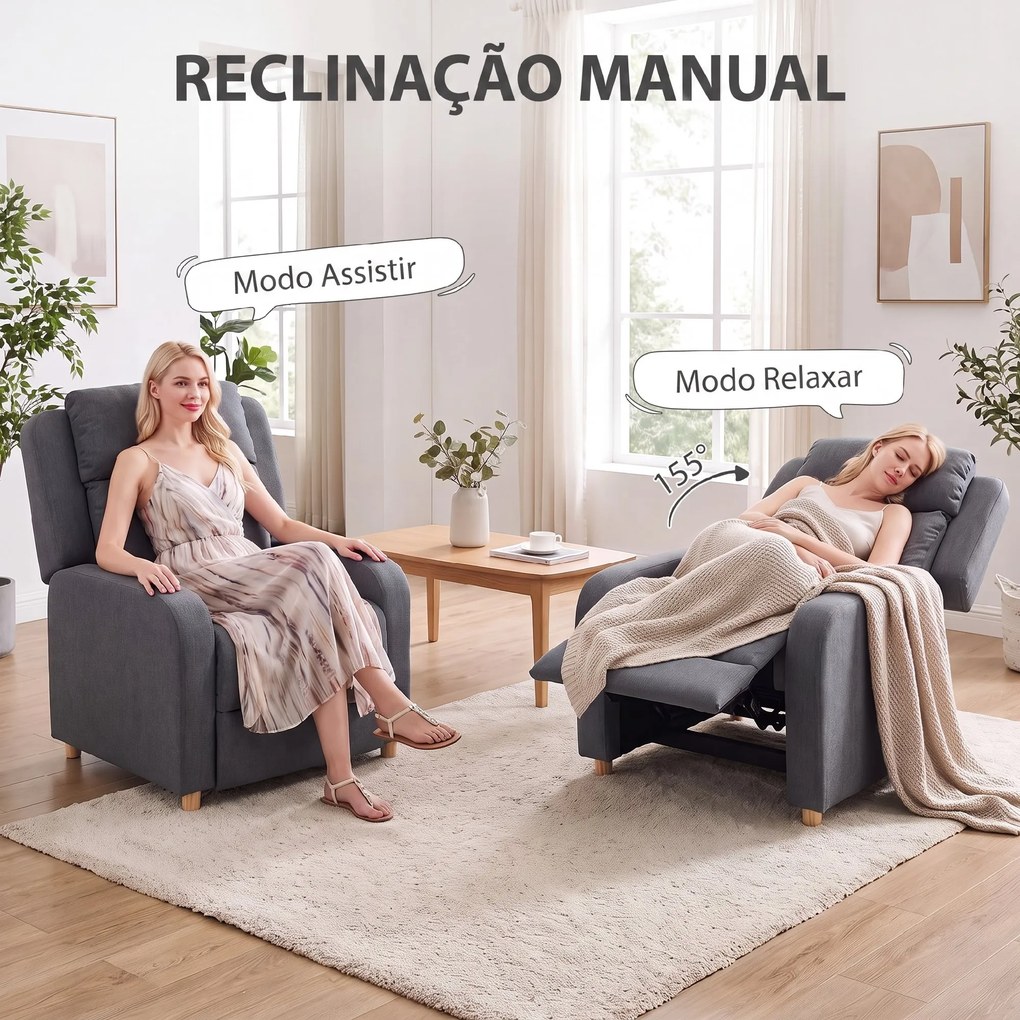 Poltrona Relax Reclinável Manual em Linho com Montagem Rápida Apoio para os Pés Acolchoamento Espesso e Pés em Madeira Cinza