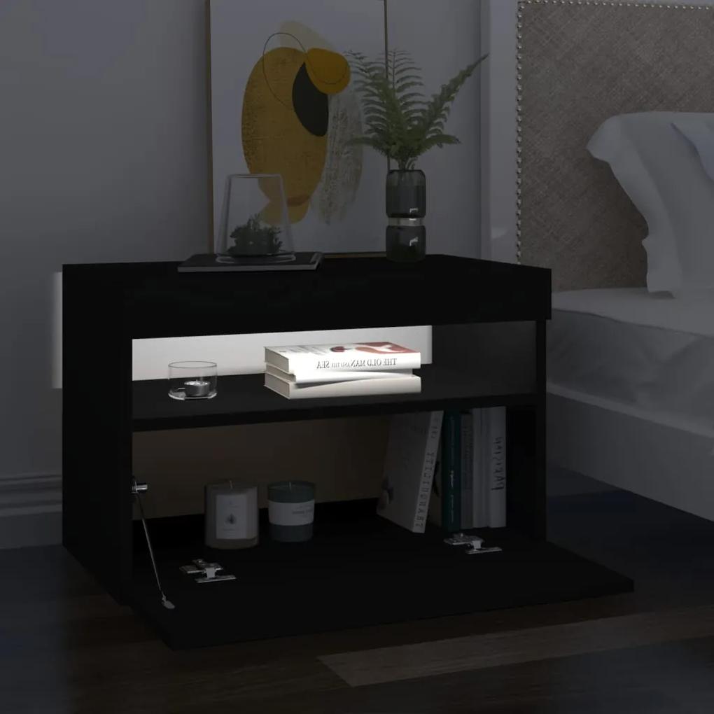 Mesa de cabeceira &amp; luzes LED 60x35x40 cm deriv. madeira preto