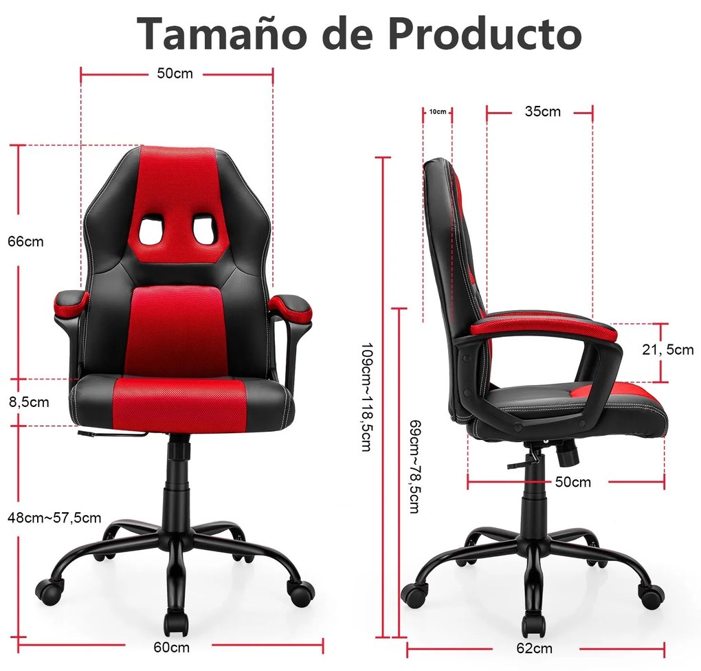 Cadeira Gaming giratória de escritório com Almofada de esponja ajustável em altura 60 x 62 x (109-118,5) cm Vermelha