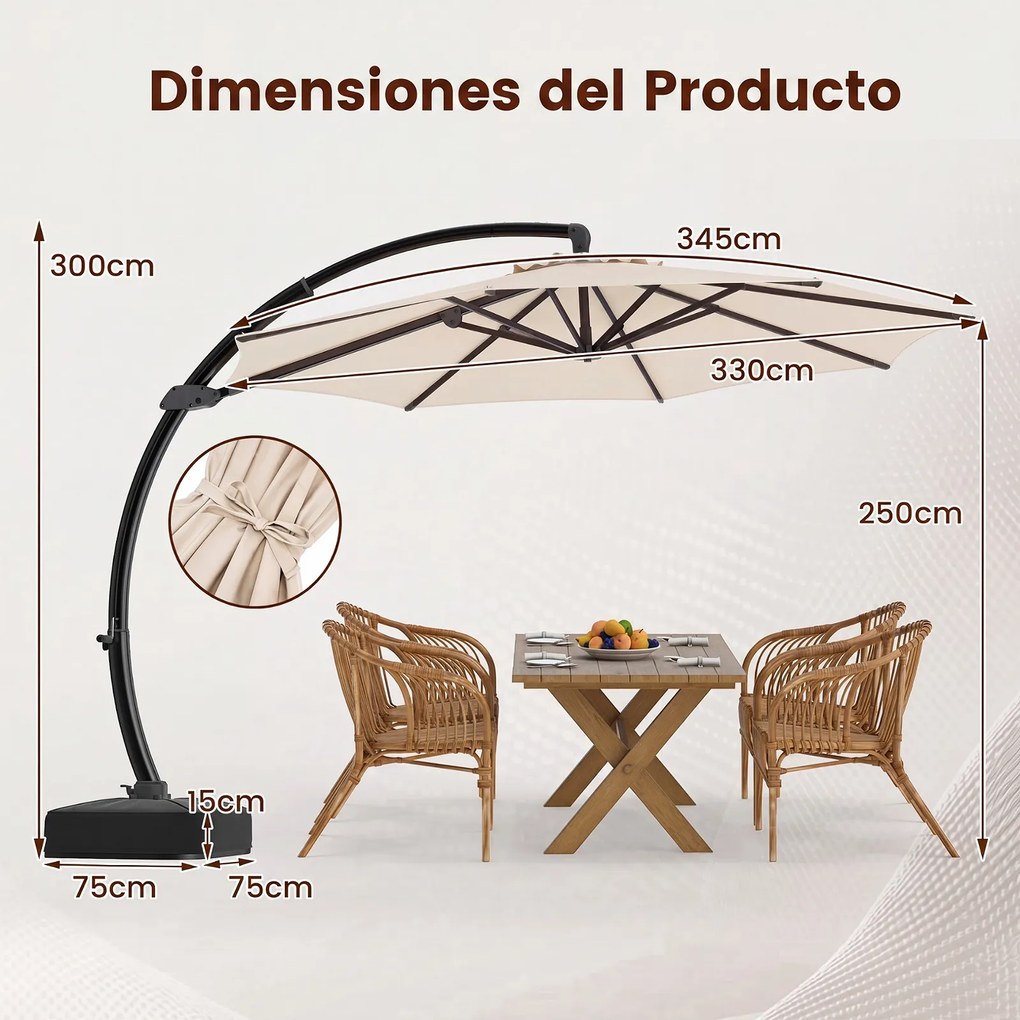 Guarda sol com Base Suspensa, 345 x 345 x 300 cm, Rotação de 360°, Bege