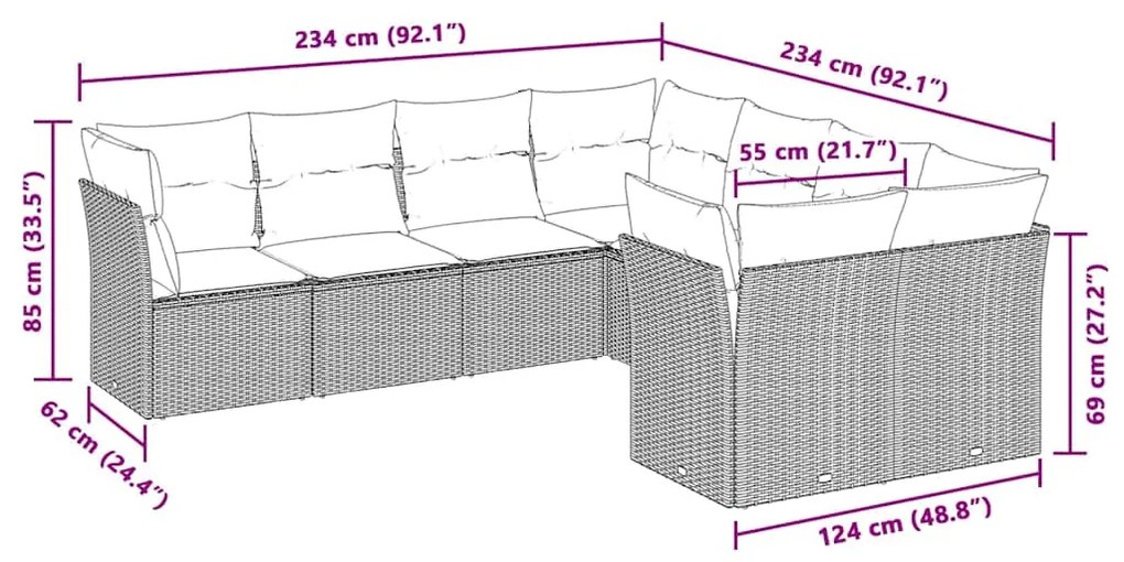 8 pcs conj. sofás jardim c/ almofadões vime PE cinzento-claro