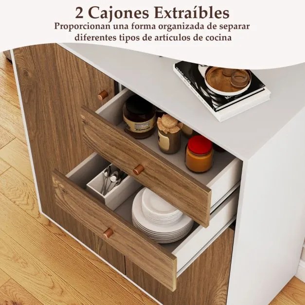 Aparador armário para cozinha ou sala 74 x 35 x 85,5 cm com 2 gavetas, 2 portas e 3 prateleiras ajustáveis, estilo rústico moderno Natural+Branco