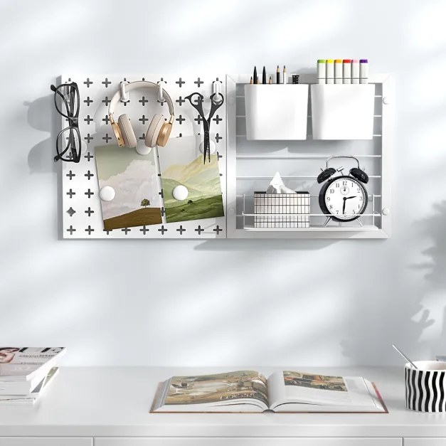 Quadro de parede com 2 painéis de fixação, ímanes para prateleiras de arrumação e ganchos para cozinha ou escritório em branco