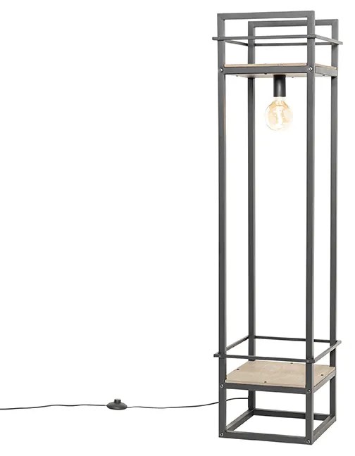 Candeeiro de chão industrial preto com madeira - Cage Rack Industrial