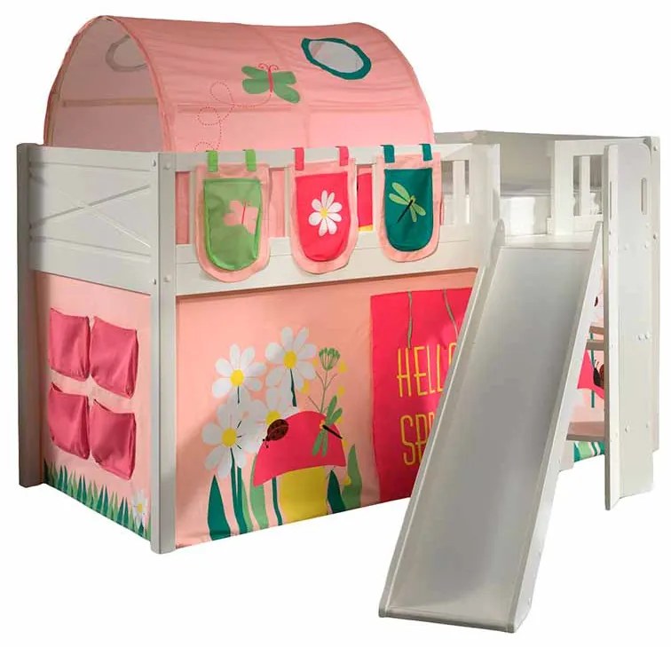 Conjunto cama Infantil SCOTT + escorrega + cortina de brincar SPRING + Túnel + 3 bolsos de arrumação Branca