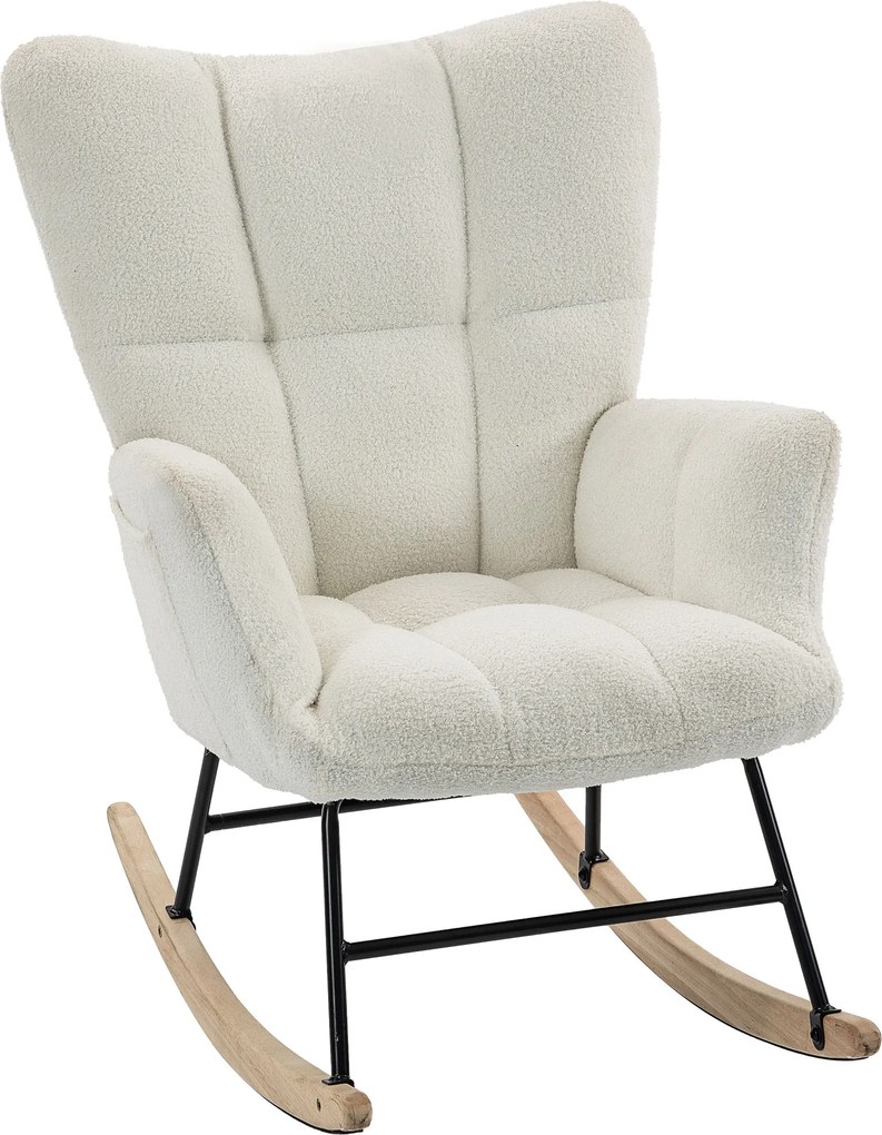 HOMCOM Poltrona de Balanço, Rocking Chair em Pelúcia Teddy, Bolsos Laterais, Encosto com Orelhas e Capitonê, Creme | Aosom Portugal